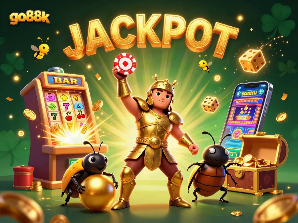 Experience the exciting action at go88k with this vibrant 3D casino illustration featuring a heroic beetle and dynamic game elements.