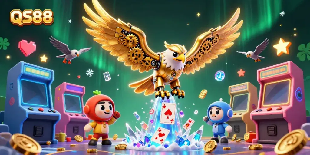 Experience the exciting world of QS88 through a dynamic gaming illustration featuring a cybernetic eagle and arcade elements.