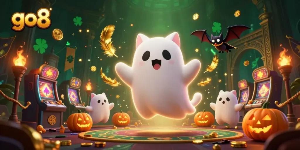Experience go8 thrills with a ghost cat and bat in a vibrant haunted casino scene.
