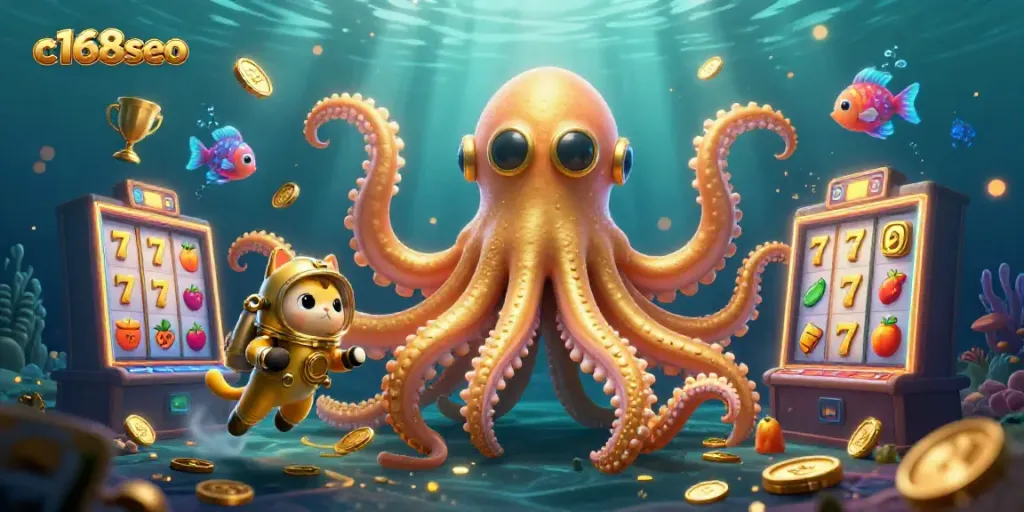 Spin slots with c168seo's kraken and diving cat in a vibrant underwater casino scene.