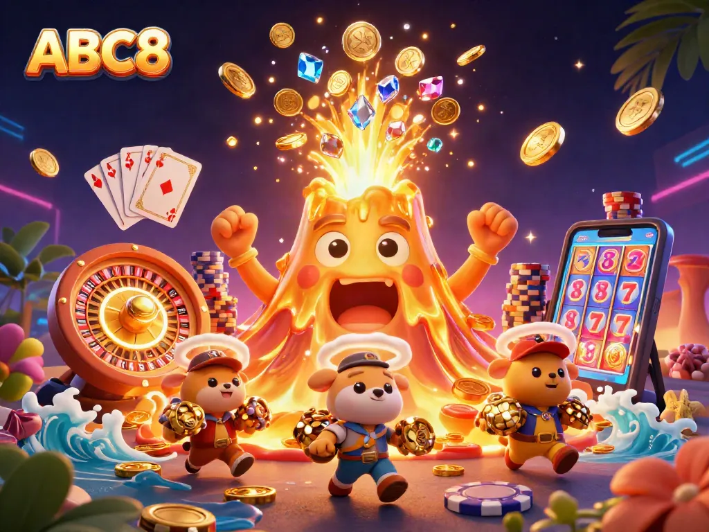 Win big at ABC8 with thrilling slots and casino games featuring a golden volcano erupting with treasures.