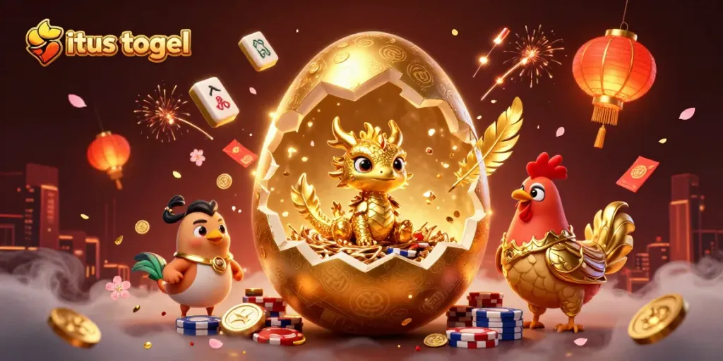 Visualisasi situs togel dengan elemen digital permainan, menampilkan karakter dan simbol keberuntungan.