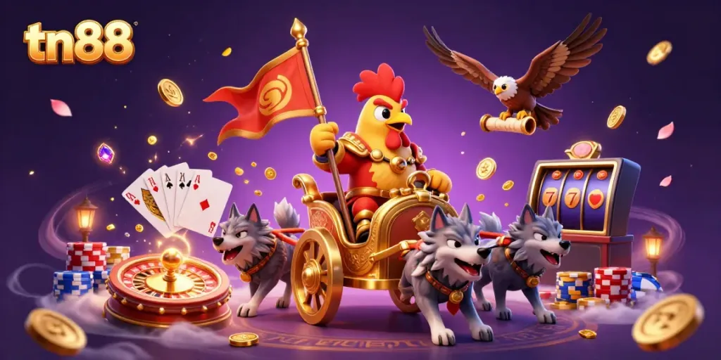 Experience the wild adventure of tn88 with a rooster warlord amidst dazzling casino elements.