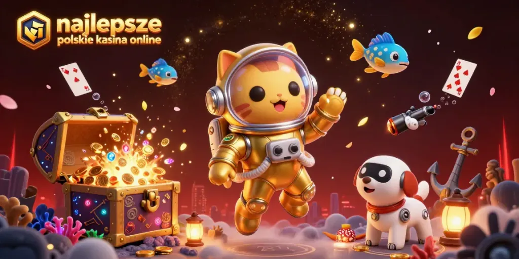 Experience the dynamic world of najlepsze polskie kasyna online with this vibrant 3D illustration featuring a space cat and gaming elements.