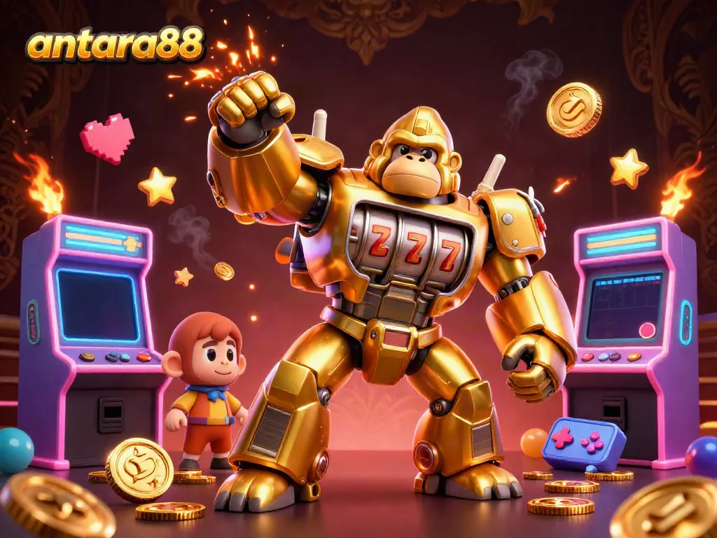 Experience the excitement of antara88 with a golden gorilla mech bursting with coins in a vibrant casino atmosphere.