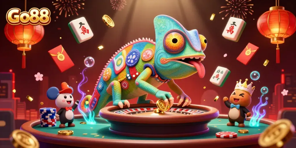Winning big at Go88 with vibrant casino-themed 3D illustration packed with action and gambling elements.