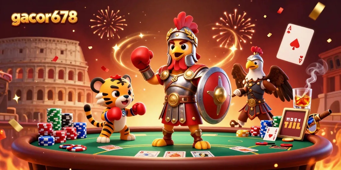Engage with gacor678 at a lively poker arena featuring a rooster gladiator and tiger cub.
