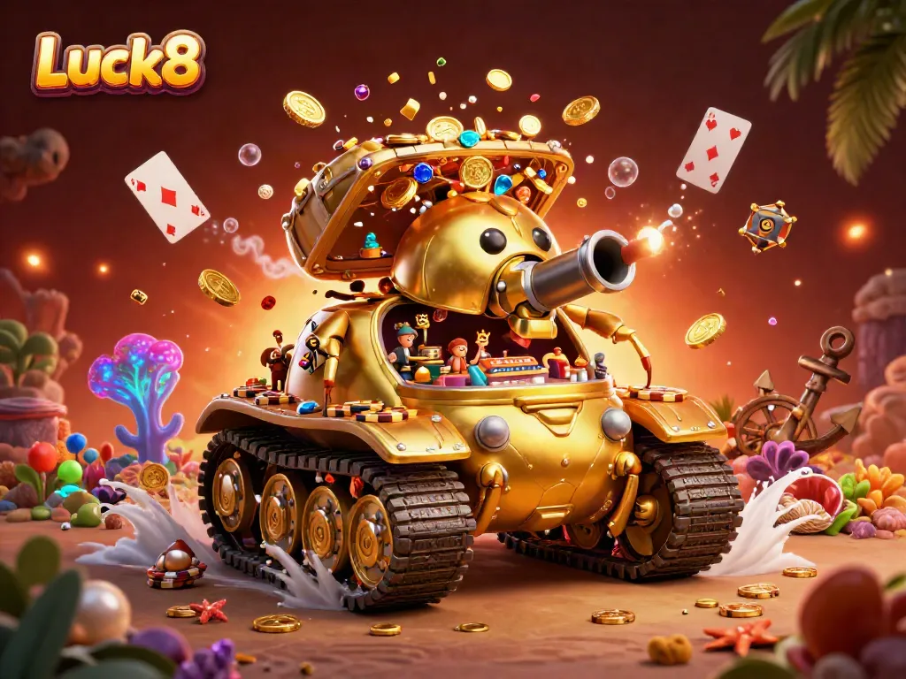 Luck8 showcases a vibrant casino scene within a golden beetle tank, offering fun for players.