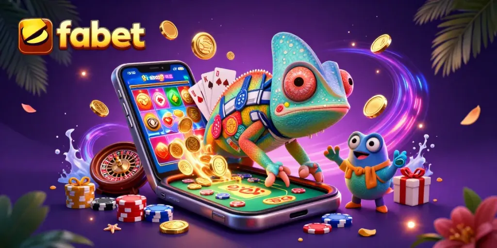 Spin winning slots in fabet, featuring an enormous chameleon casino owner capturing gold coins.