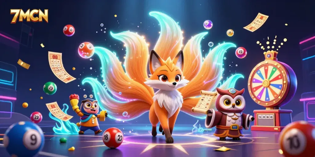 Experience the vibrant world of 7MCN as it showcases colorful lottery elements and enchanting characters in a lively casino setting.