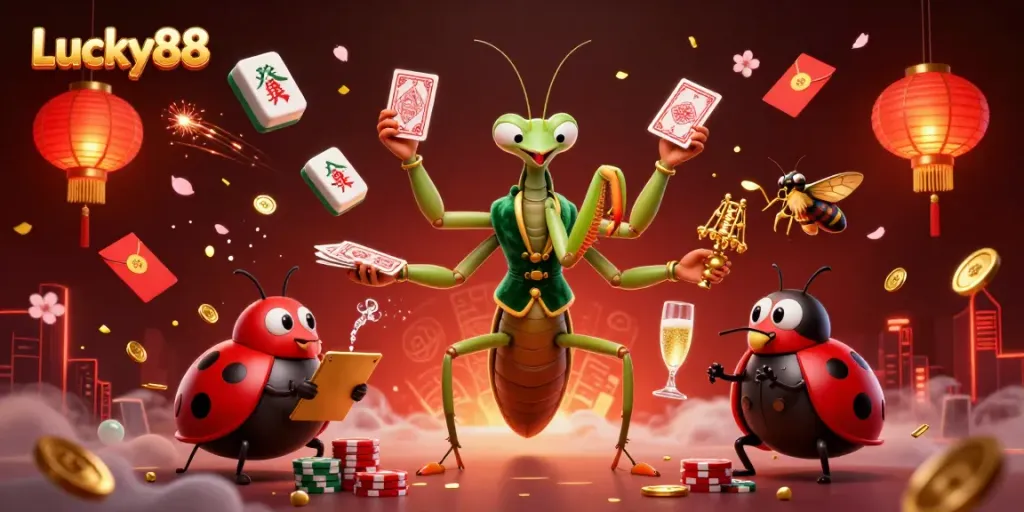 Experience thrilling gameplay at Lucky88 with vibrant casino characters and game elements.