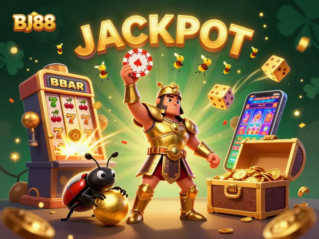 Experience the thrill of winning with BJ88's dynamic gaming environment featuring exciting characters and vibrant casino elements.