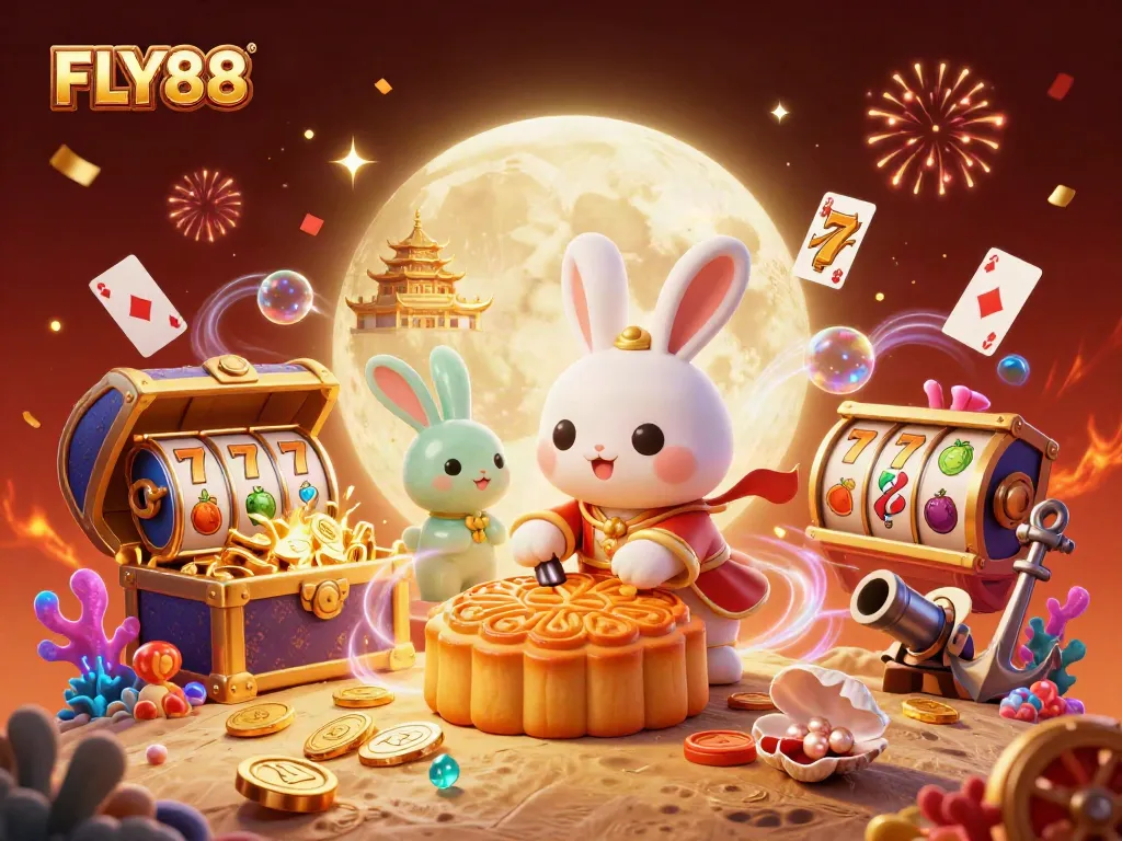 Engage in thrilling casino adventures with FLY88 illustrated by a moon rabbit unveiling poker chips.