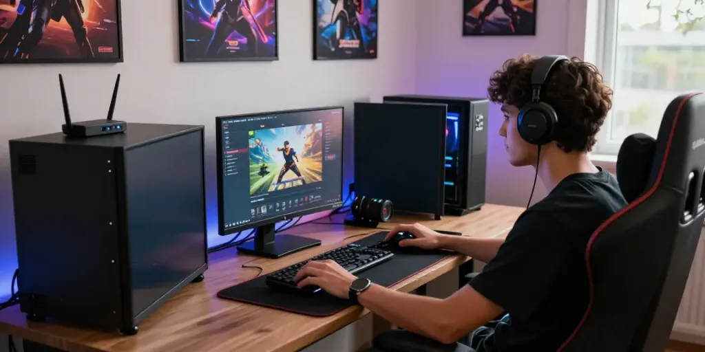 Dynamic gaming setup showcasing kilat 404 with multiple screens and vibrant LED ambiance.