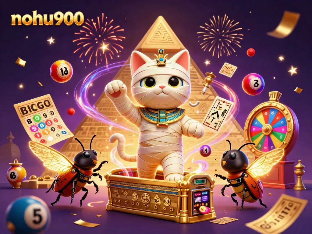 Engage in thrilling gameplay at nohu900 with vibrant casino elements featuring a mummy cat and golden scarab.