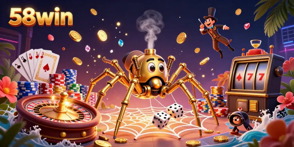 Experience thrilling gameplay at 58win with a steampunk spider ensnaring golden webs and dice.