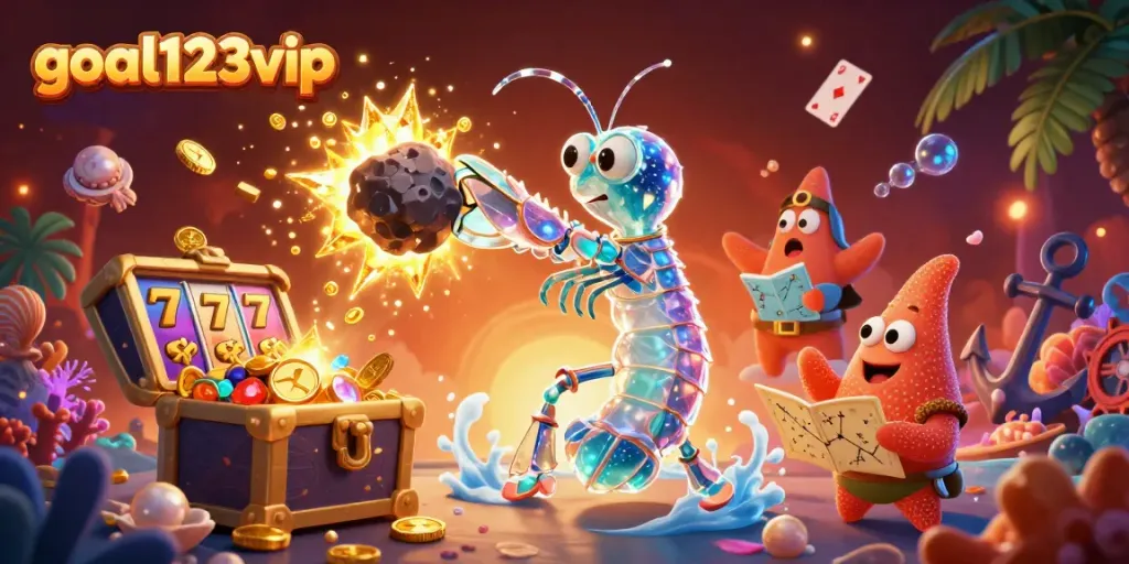 Experience excitement with goal123vip as a mantis shrimp bursts through treasure, embodying casino thrills.