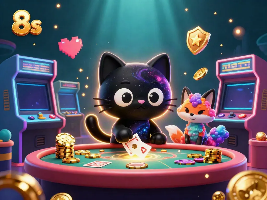 Experience 8s action as a black hole cat and colorful fox charm a cosmic casino filled with golden chips.