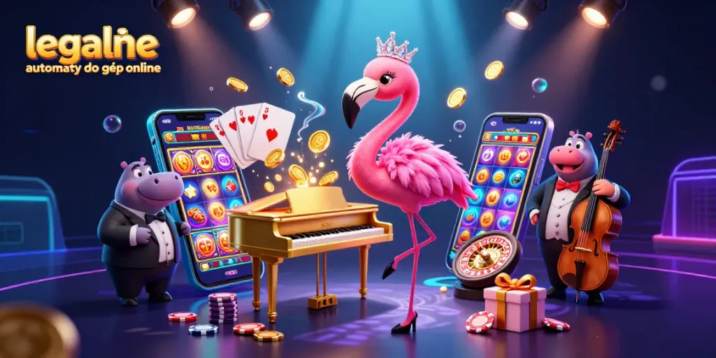 Experience legalne automaty do gier online in a vibrant casino scene with animated characters and exciting game elements.