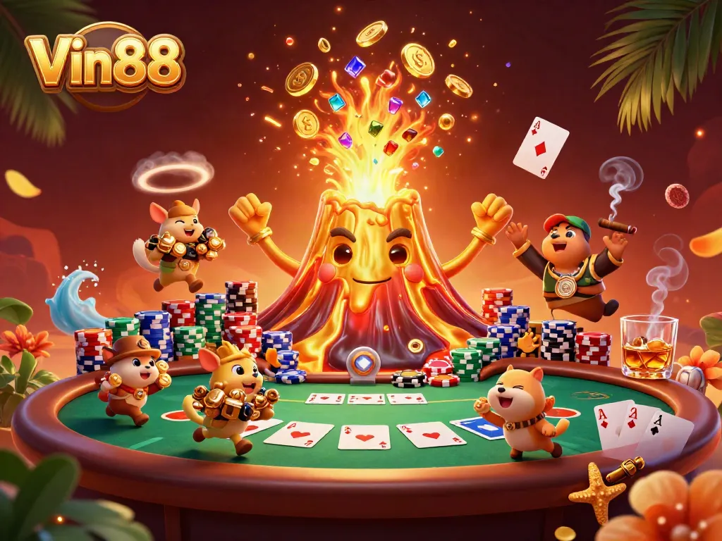 Experience thrilling gameplay at Vin88 with a vibrant 3D casino illustration showcasing excitement and treasure