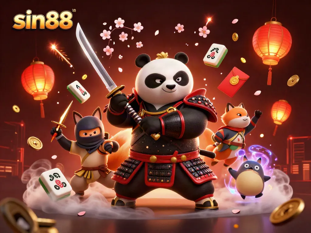 Savor thrilling entertainment at sin88 with a cartoon samurai panda, a ninja fox, and a spirit tanuki amidst magical elements