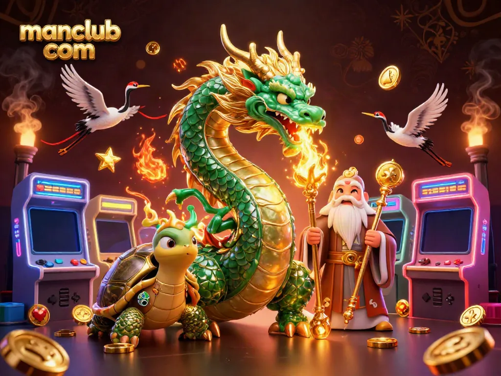 Experience the excitement of manclub com with vibrant dragons, games, and casino elements.