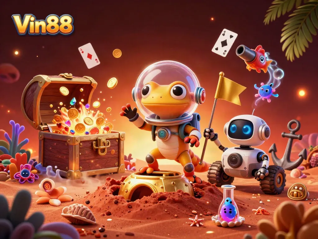 Join the fun at Vin88 with a dynamic 3D casino illustration showcasing exciting gaming elements.