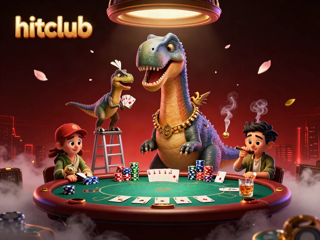 Join the hitclub adventure with a giant brontosaurus overseeing an exciting poker game.