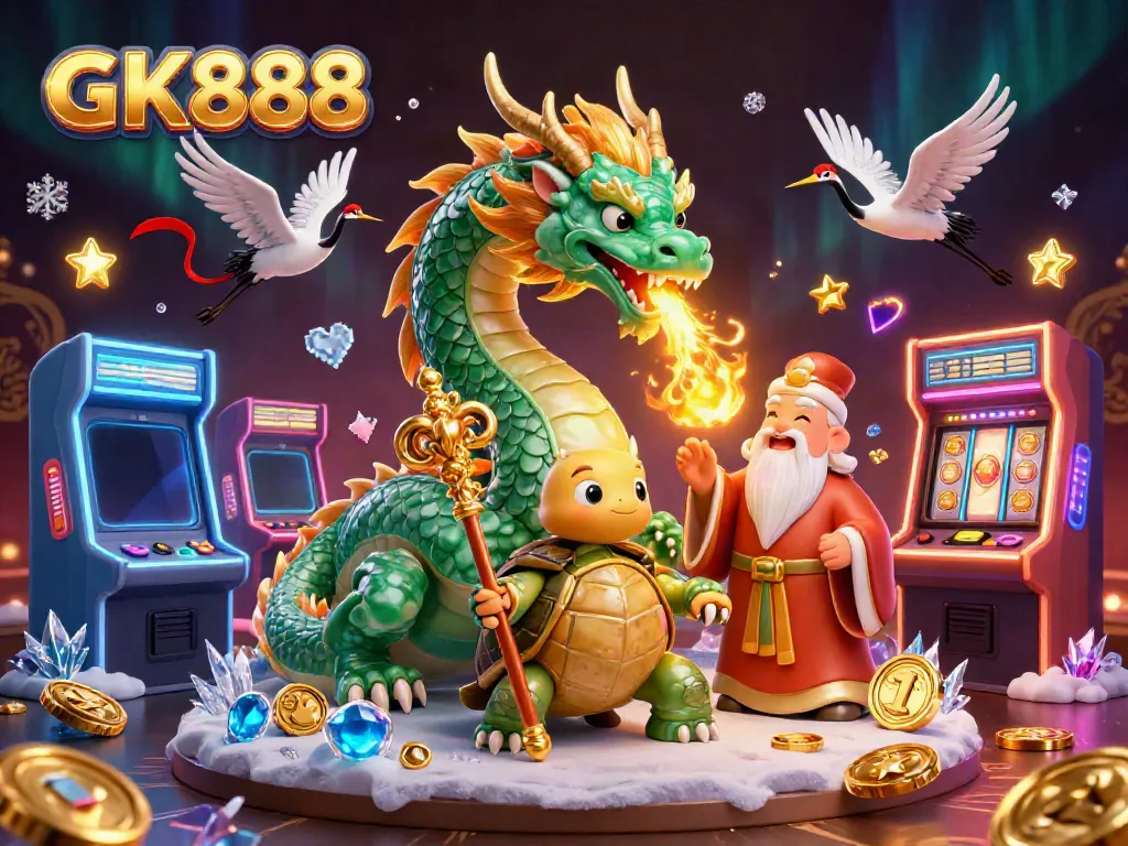 Experience thrilling games at GK888 with a vibrant illustration of casino characters and gaming elements.