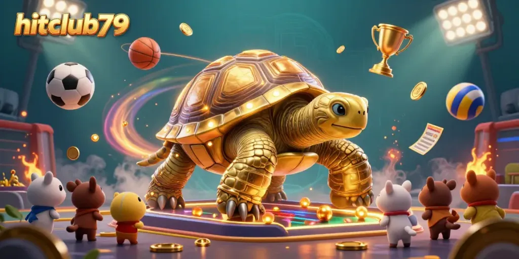 Experience thrill with a colossal golden tortoise pinball machine at hitclub79, surrounded by dynamic sports elements.