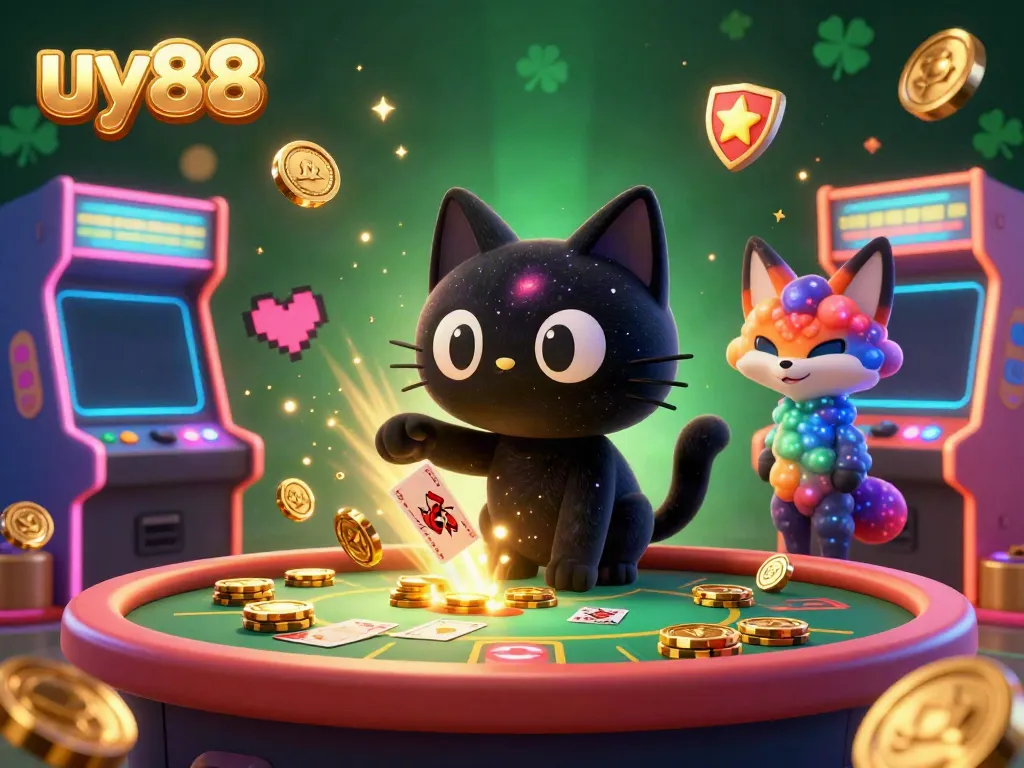 Join the cosmic fun at uy88 with this dynamic 3D casino illustration featuring a black hole cat and a nebula fox.
