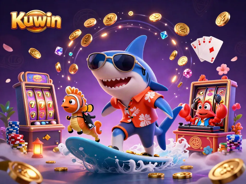 Kuwin offers dynamic casino experiences with 3D characters surfing gold coins and vibrant game elements.