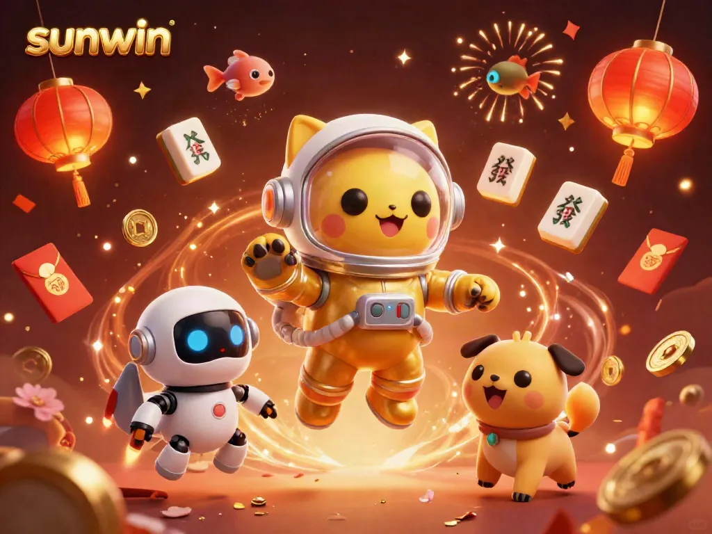 Experience the thrill of sunwin as a golden-suited cat astronaut leads gaming celebration in space.