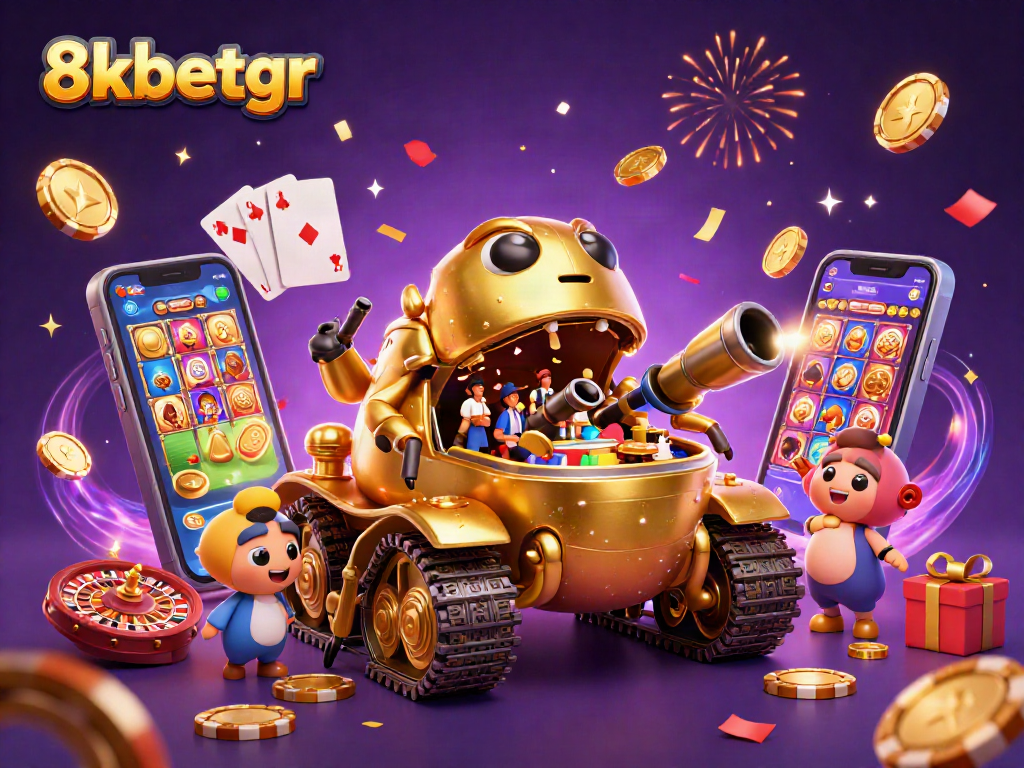 Experience the thrill of 8xbetgr with a vibrant casino scene including confetti and dynamic games.