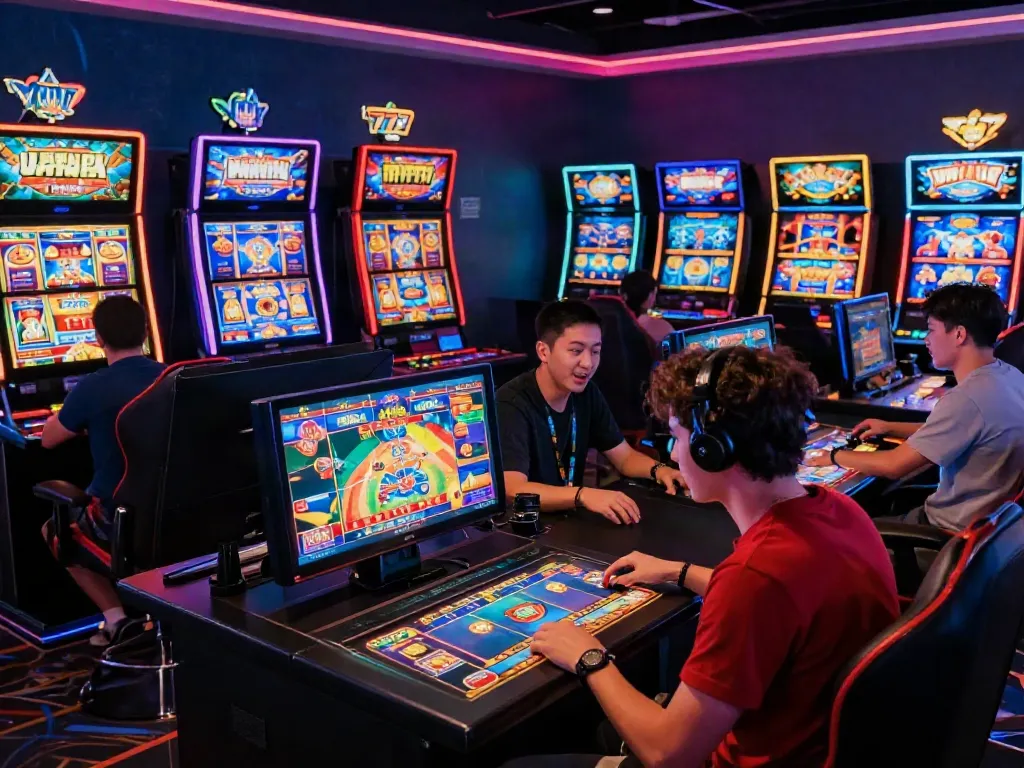 Engaging players analyzing strategies on slot777 in a lively online casino setting.