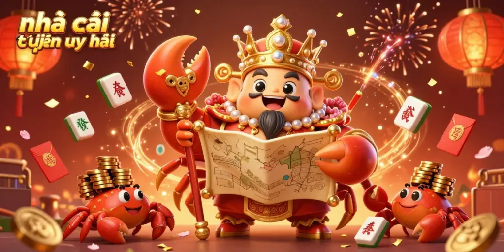 Experience thrilling wins at nhà cái trực tuyến uy tín with a vibrant 3D casino scene featuring a golden crab emperor.