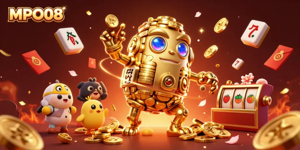 Engage in fun at MPO08, featuring a dynamic golden golem among slot reels and festive symbols.