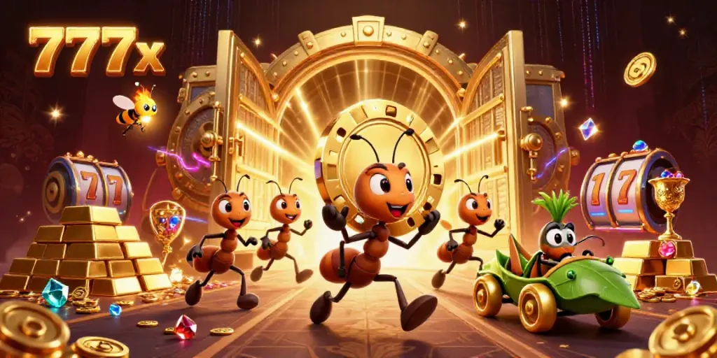 Ants carrying a giant poker chip through a vibrant casino scene, showcasing 777x in action.