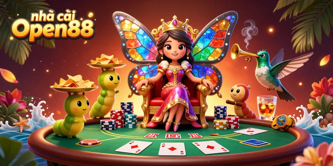 Engage with nhà cái Open88 in a vibrant 3D casino scene featuring a butterfly queen and poker elements.