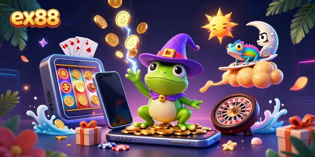 Play slots and win with ex88 as a wizard frog conjures golden coins in a vibrant casino scene.