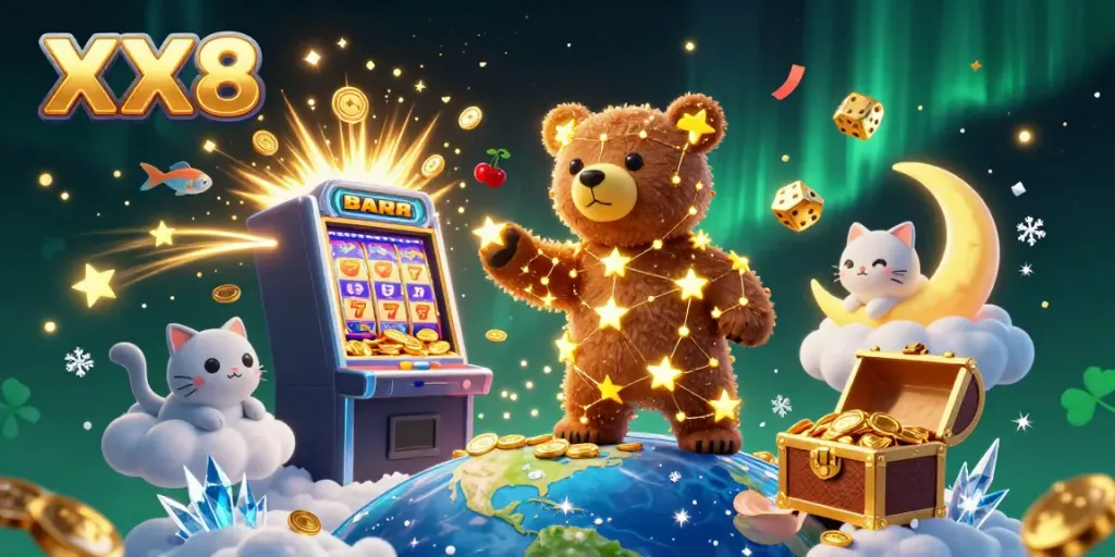 Experience thrilling gameplay with XX8 as golden stars, coins, and a vibrant casino scene come to life.