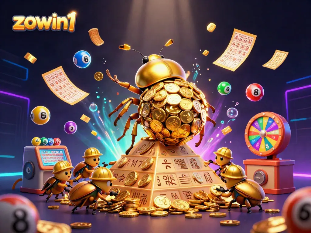 Join the fun with zowin1 as golden beetles roll coins up a pyramid surrounded by lottery elements.