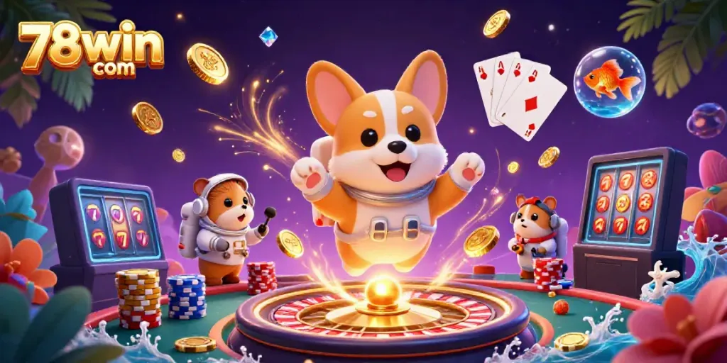 Experience the exciting universe of 78win com with a floating corgi astronaut in a space casino.