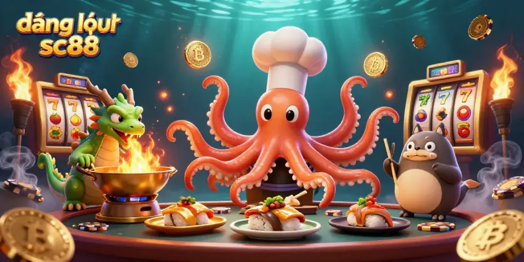 Engaging scene of đăng nhập sc88 with a sushi chef octopus, dragon, and tanuki amid vibrant casino elements.