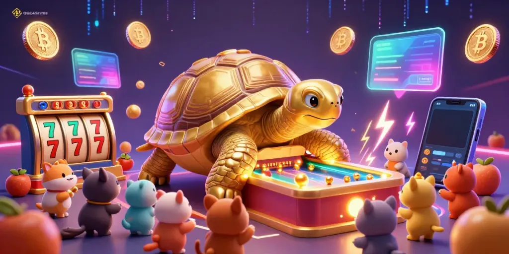 Experience the excitement of QQCASH188's slots with a golden tortoise pinball machine illustration featuring vibrant game elements.