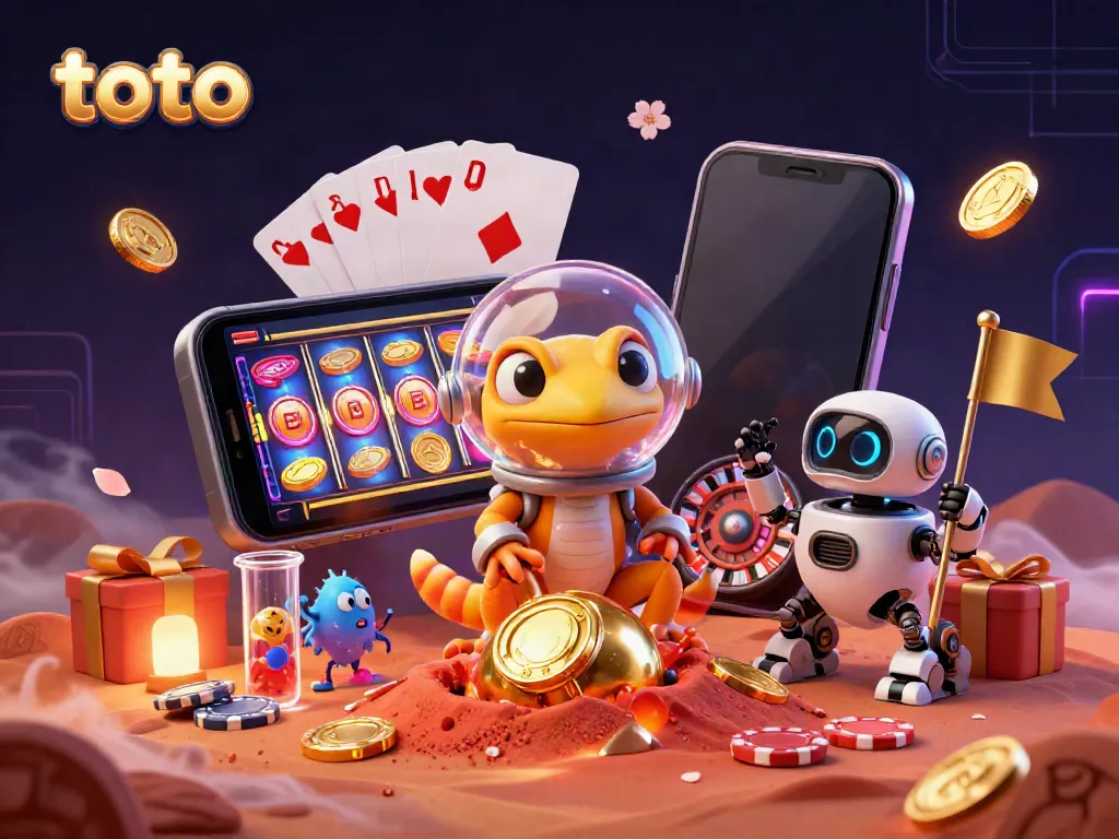 Geksi Mars 3D menciptakan suasana kasino emas toto luar angkasa dengan koin berkilau dan robot teman.