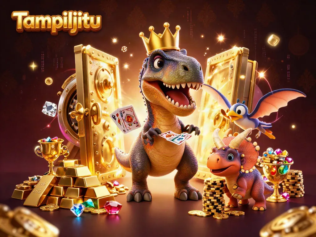Tampiljitu showcases a vibrant 3D illustration of a T-Rex card dealer and helpers amidst golden casino treasures.