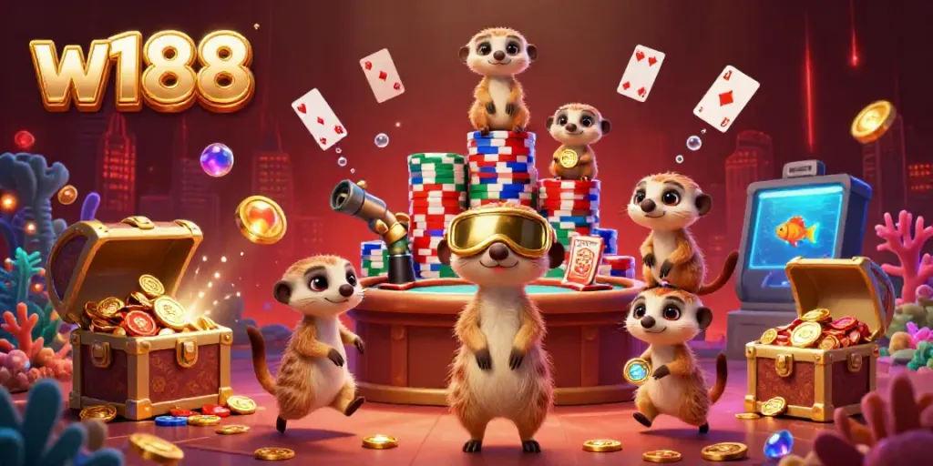 Experience the excitement of w188 as meerkats run a vibrant casino operation amidst treasures and playful gaming elements.