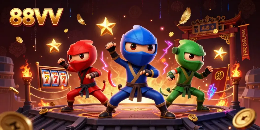 Engaging visual of a dynamic 3D ninja chameleon team performing in a casino scene showcasing 88VV branding.