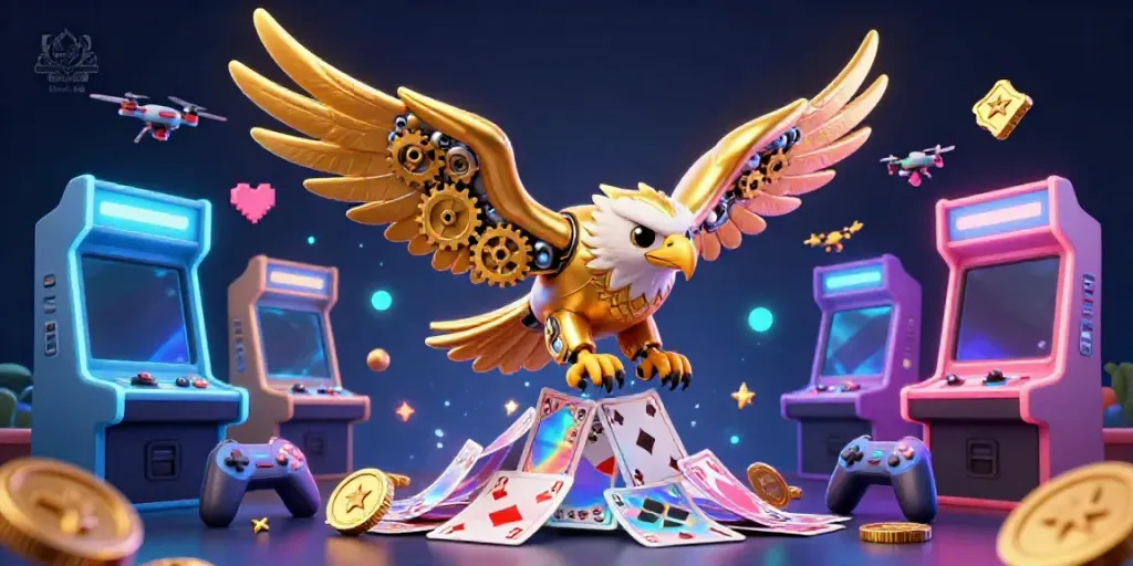 Experience thrilling gambling with ty le keo nha cai amidst a colorful cascade of holographic cards and vibrant arcade machines.